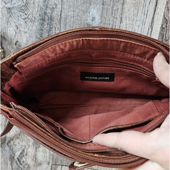 Wilsons Roma Leather Purse Crossbody Vintage Brown Cognac Crossbody Handbag Gold - Picture 8 of 16